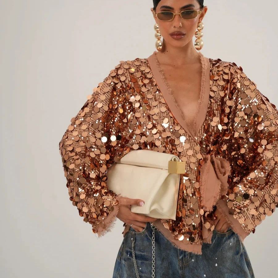 Boho Chiffon Sequin Splicing Jackets Women's Blouses Shirts Oversize Loose Long Sleeve Holiday Jacket Lace-up Beach Wear Outfit