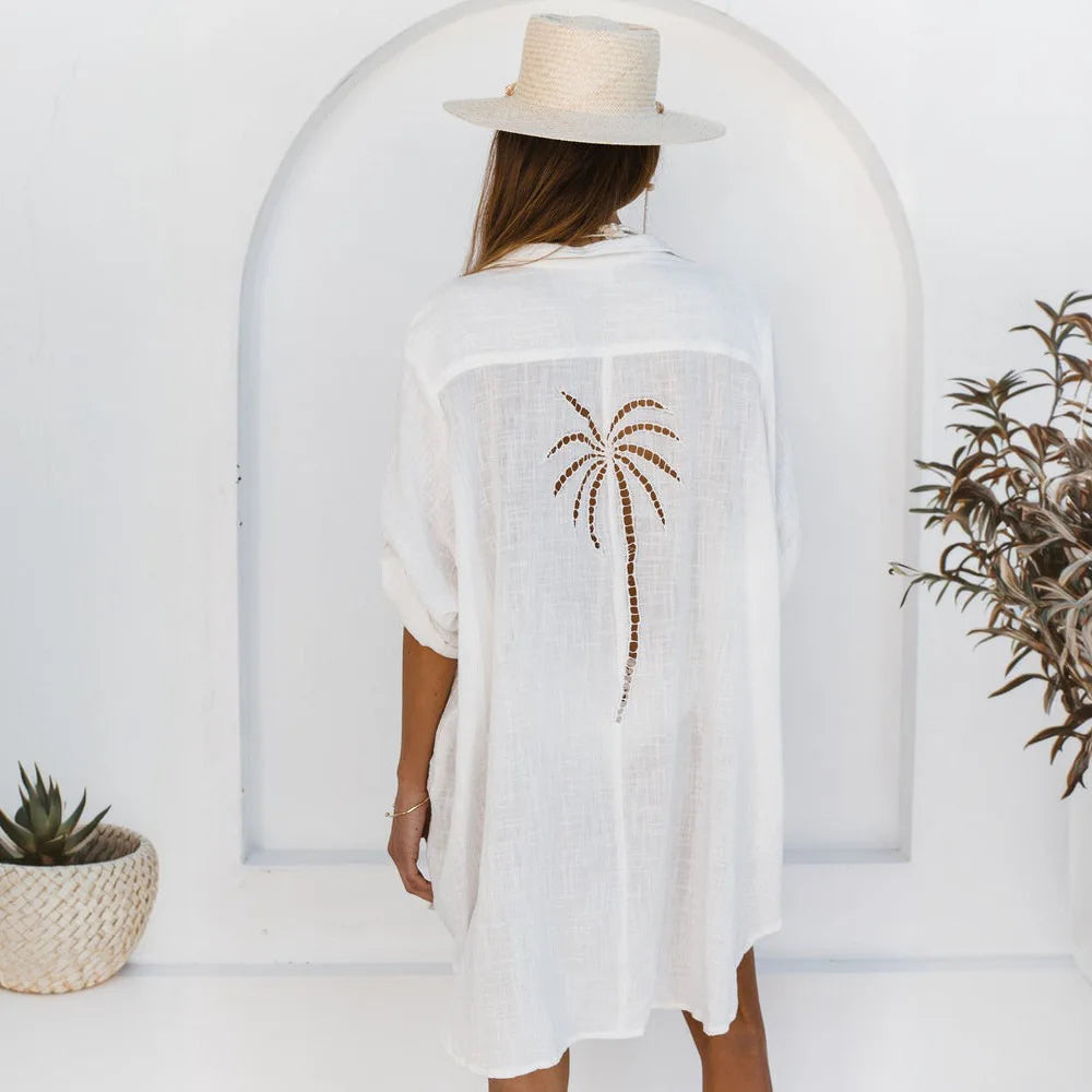 Boho Beach Shirt Dresses for Women Casual Tree Burnout Coverall Bikini Cover-ups Swimsuit Blouse Shirts Summer Robe Vestidos