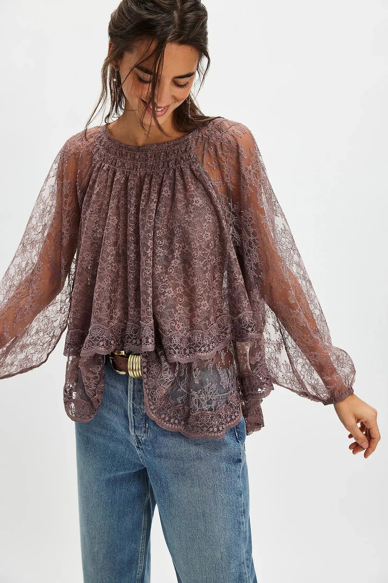 Oversize Loose Bow Lace-up Back Floral Lace Blosues Shirts for Women Tops Ruffles Lantern Long Sleeve O Neck Boho Beach Blouse