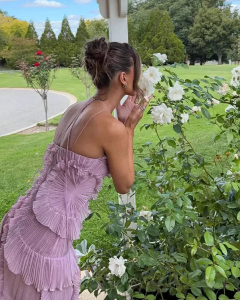 Elegant Chiffon Pleated Party Maxi Dresses Women Summer Neck-mounted Irregular Hem Sleeveless Dress Long Slim Ladies Vestidos