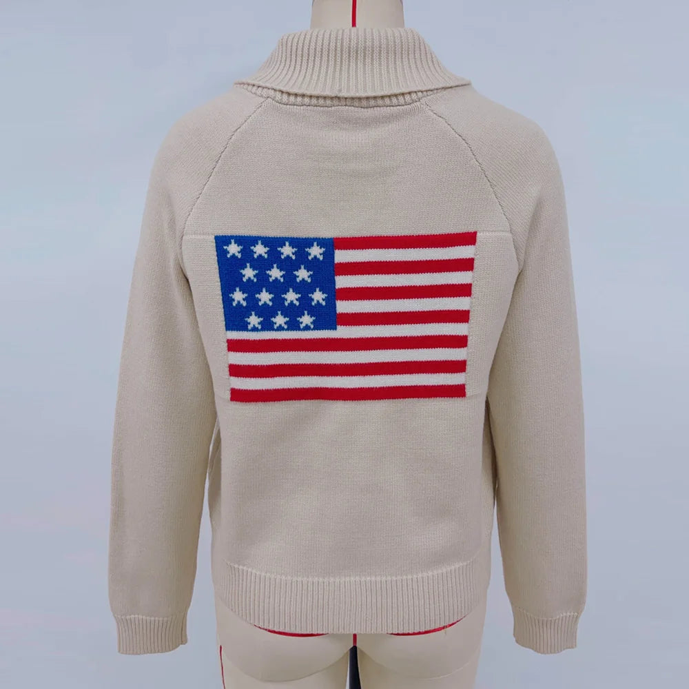 Casual Autumn Winter Warm Flag Pattern Sweaters Cardigan Jumpers Loose Long Sleeved V-neck Boho Beach Sweater for Women Coats