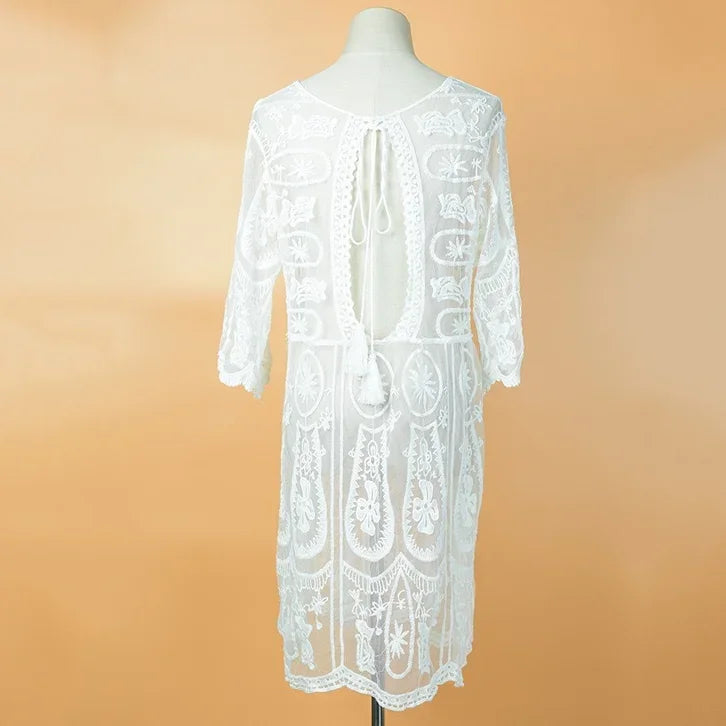 AYUALIN Sheer Lace Mini Dresses Women Vintage White Cotton Floral Embroidery Sexy Boho Beach Bikini Cover Up Summer Tunic Robe