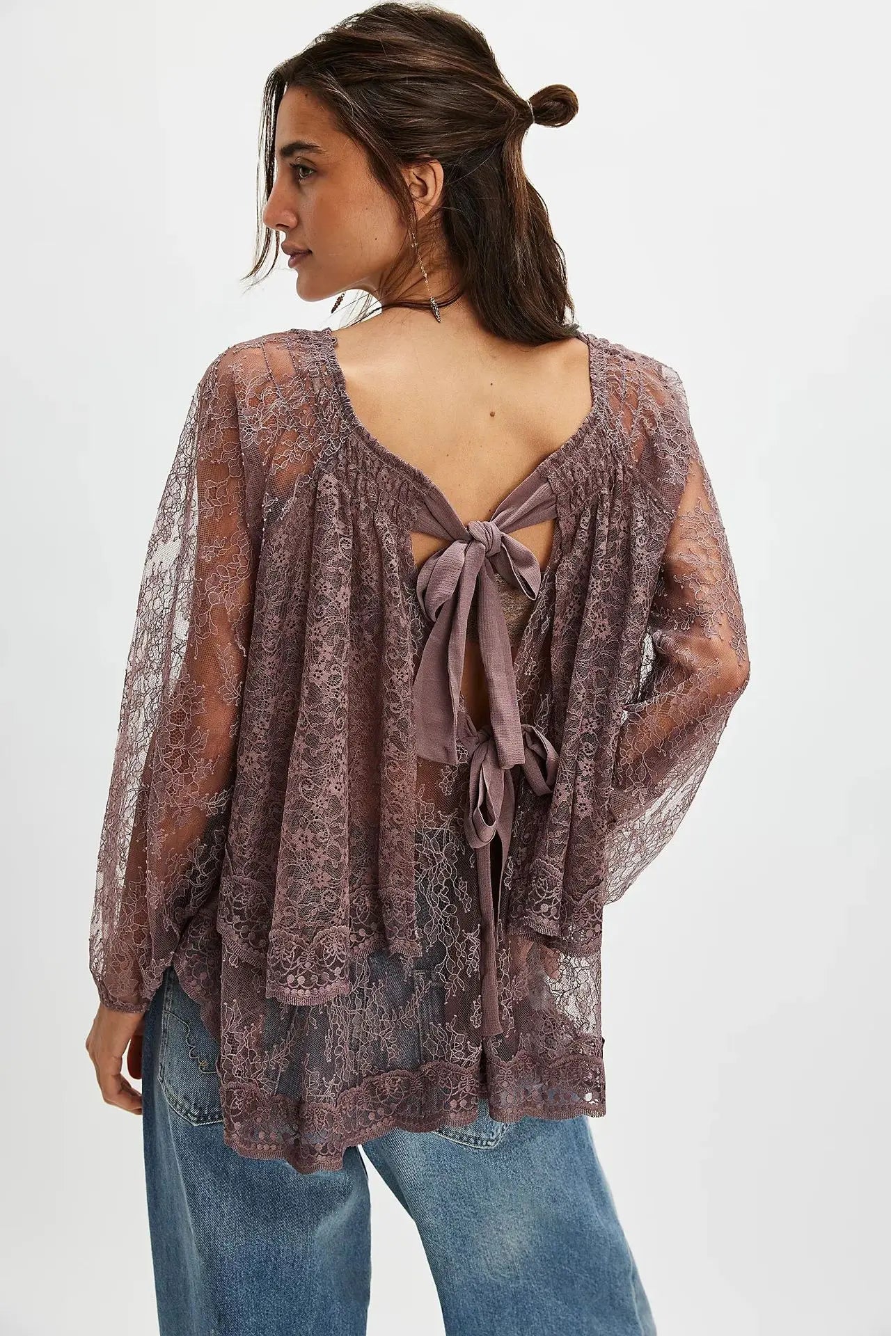 Oversize Loose Bow Lace-up Back Floral Lace Blosues Shirts for Women Tops Ruffles Lantern Long Sleeve O Neck Boho Beach Blouse