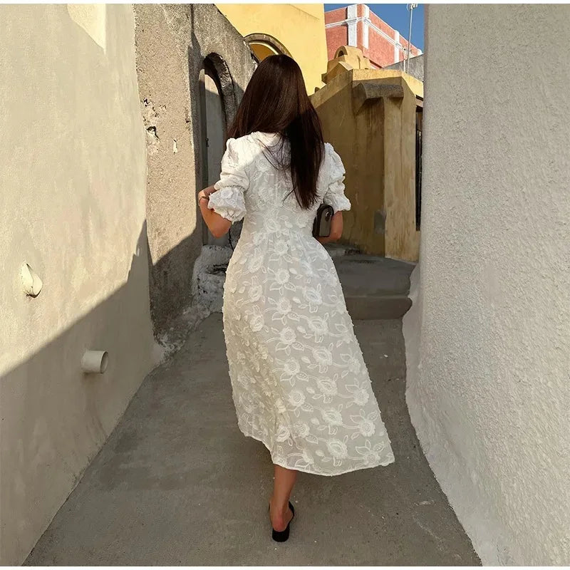 Vintage Women Dresses 3D Flower Embroidery Boho Beach Holiday Long Dress Puff Sleeve Robe Casual Elegant Summer Spring Vestidos
