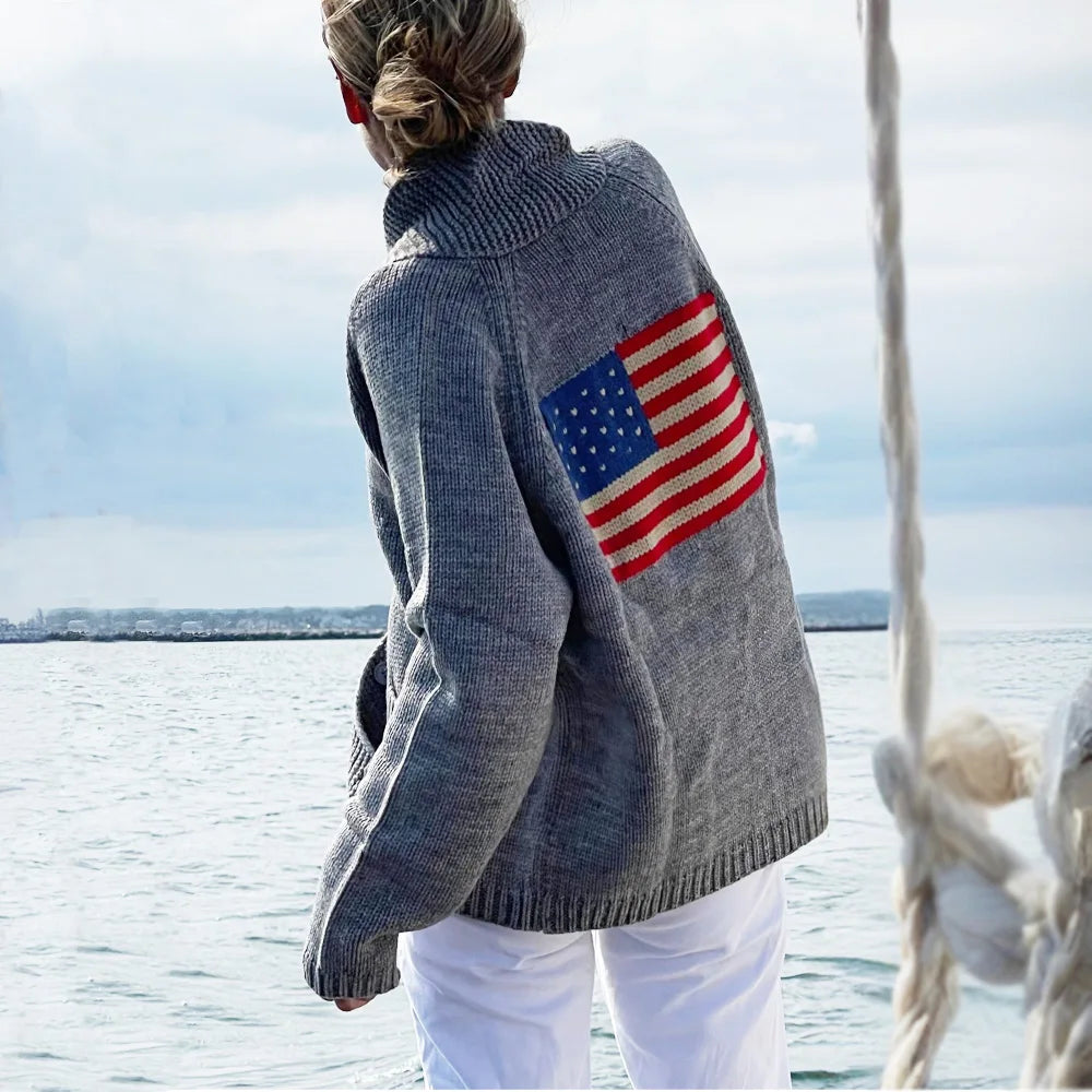 Casual Autumn Winter Warm Flag Pattern Sweaters Cardigan Jumpers Loose Long Sleeved V-neck Boho Beach Sweater for Women Coats
