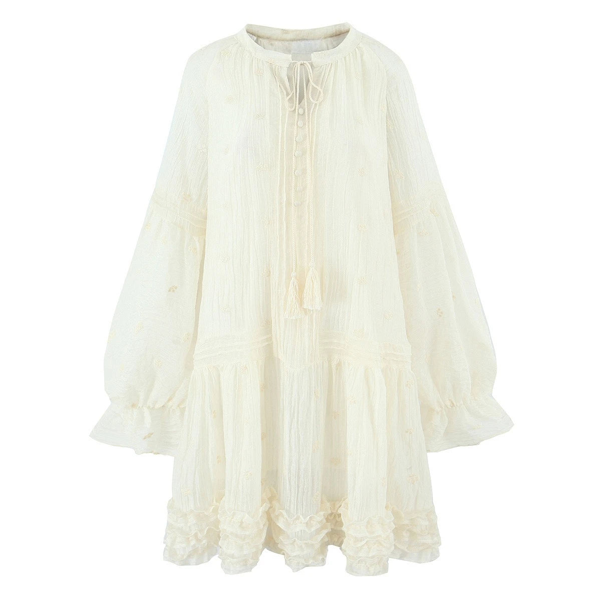 Romantic Bohemian Mini Dress Lightweight Semi-sheer Floral Embroidery Tassel Tie Tiered Hem Bishop Sleeves Dresses Women Robe