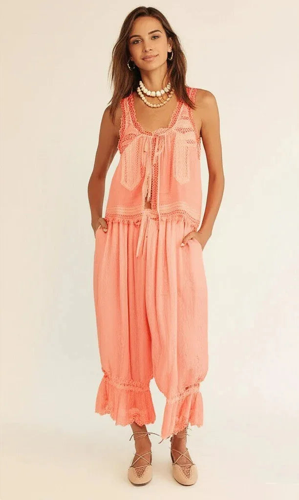 Summer Two-Piece Women's Lace Pant Sets Ruffles Tank Top Lotus Balloon Pants Suit Bed Casual Matching Set Boho Beach Free Style