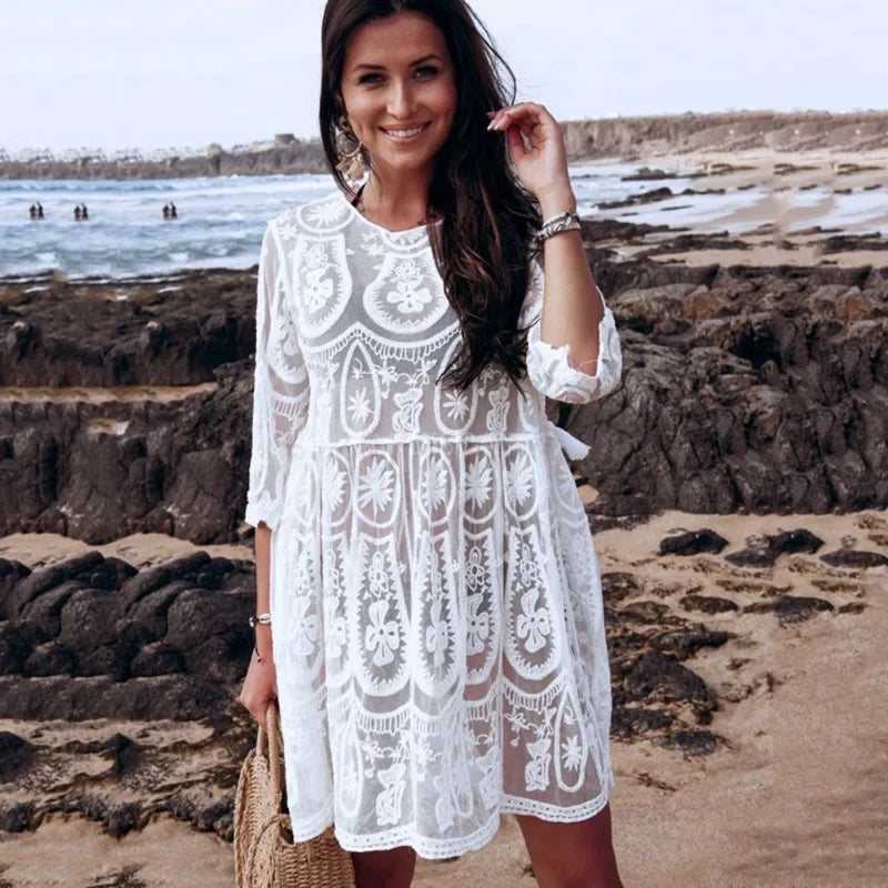 AYUALIN Sheer Lace Mini Dresses Women Vintage White Cotton Floral Embroidery Sexy Boho Beach Bikini Cover Up Summer Tunic Robe