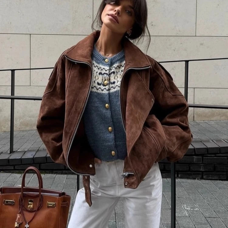 Brown Retro Maillard Jackets for Women Coats Cool Lapel Suede Motorcycle Jacket Autumn Winter Warm Loose Short Coat Outwear
