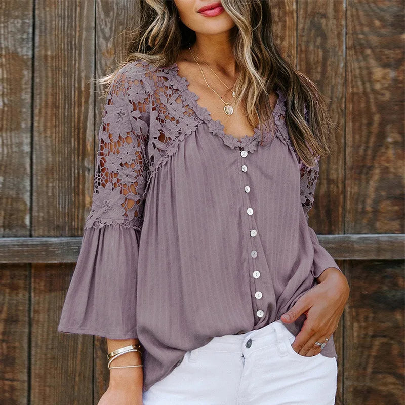 AYUALIN Hollow Out White Lace Blouses Shirt For Women Top Vintage V Neck Flare Sleeve Summer Blouse Ladies Boho Blusas boho