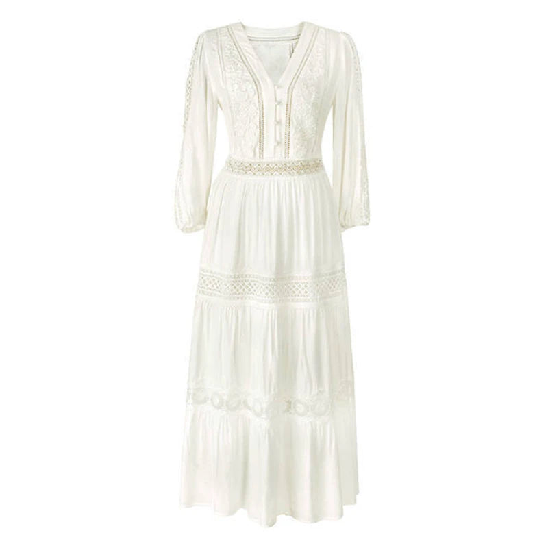 V-neck Floral Embroidery 100% Cotton White Summer Dresses Vintage Ladies Vestidos Long Sleeve Boho Beach Lace Dress for Women