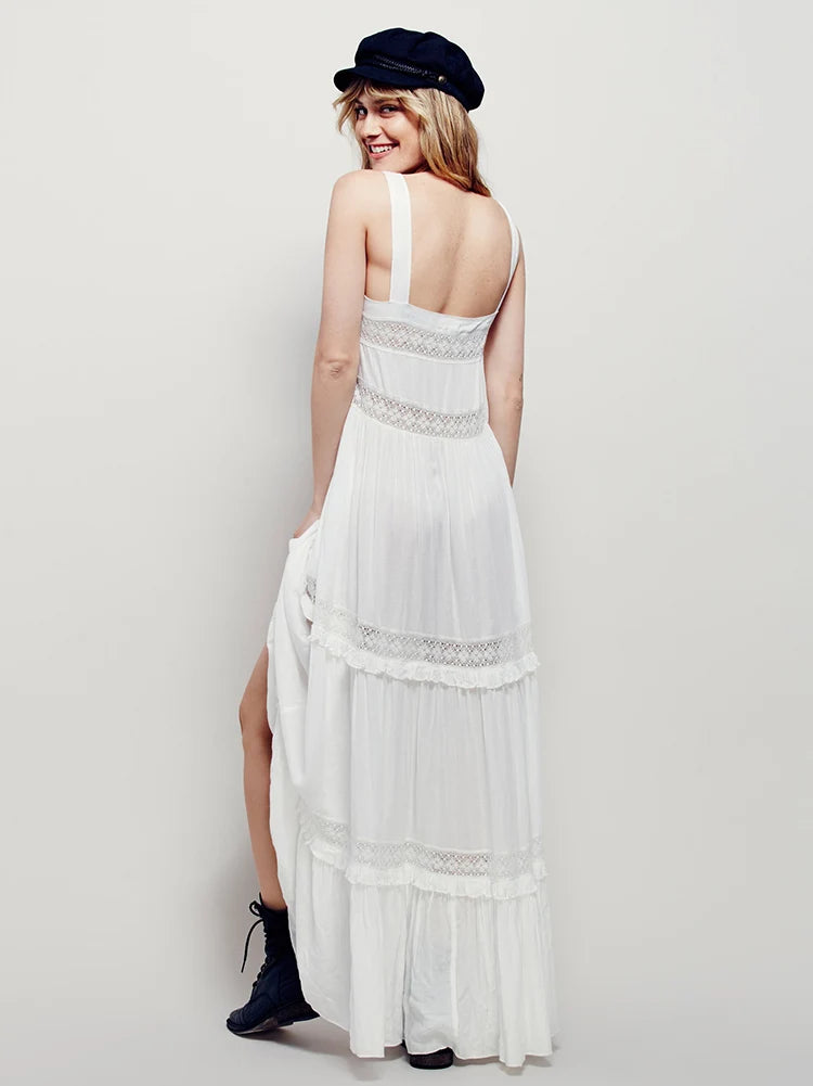 Bohemia White Cotton Lace Strap Long Dresses Women Vintage Casual Sleeveless Strap Dress Summer Holiday Boho Beach Party Robe