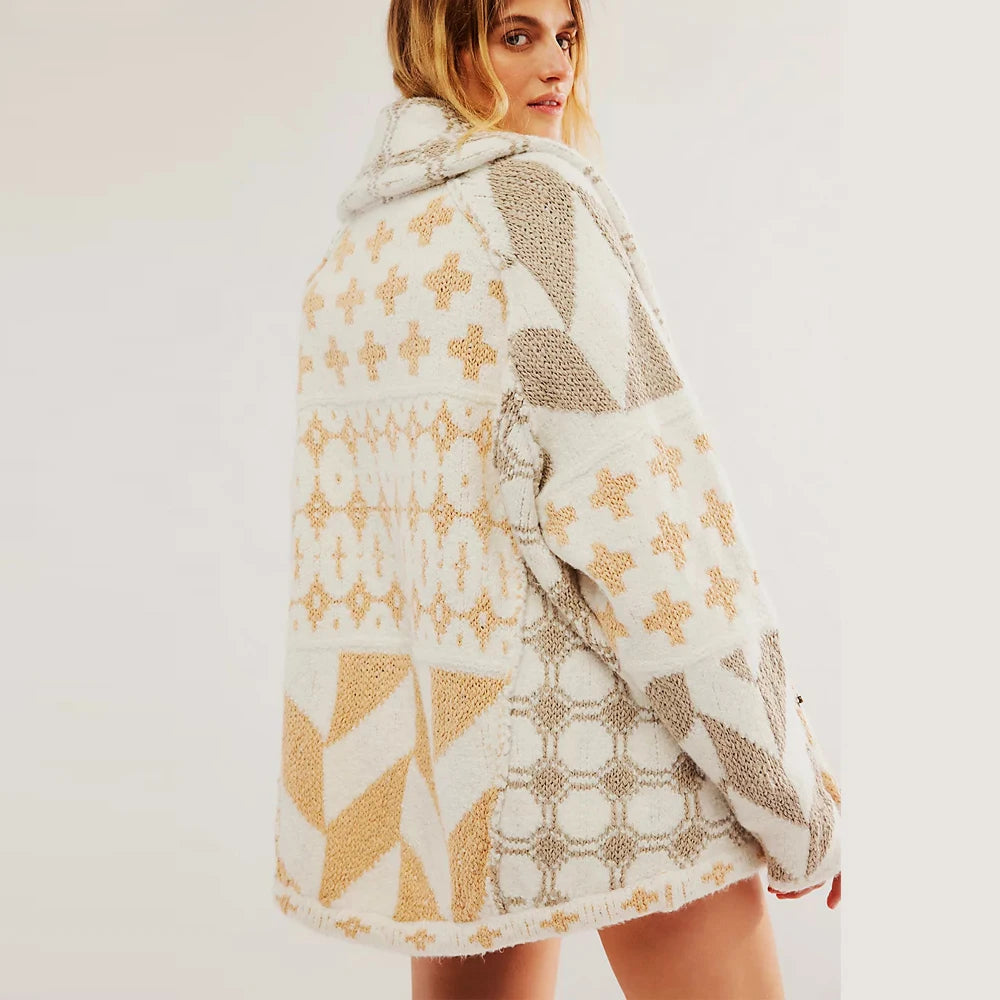 Chic Ethnic Pattern Embroidery Women Sweaters Cardigan Casual Loose Oversize Loose Vintage Knitted Autumn Winter Warm Coats