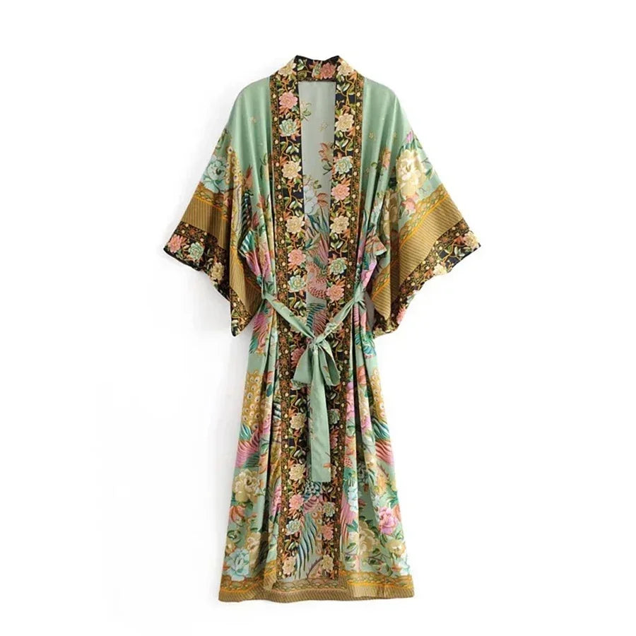 AYUALIN Kimono Wrapped Dress for Women Rayon Boho Green Floral Print Summer Dresses Beach Wear Long Dresses Vestidos Verano 2024