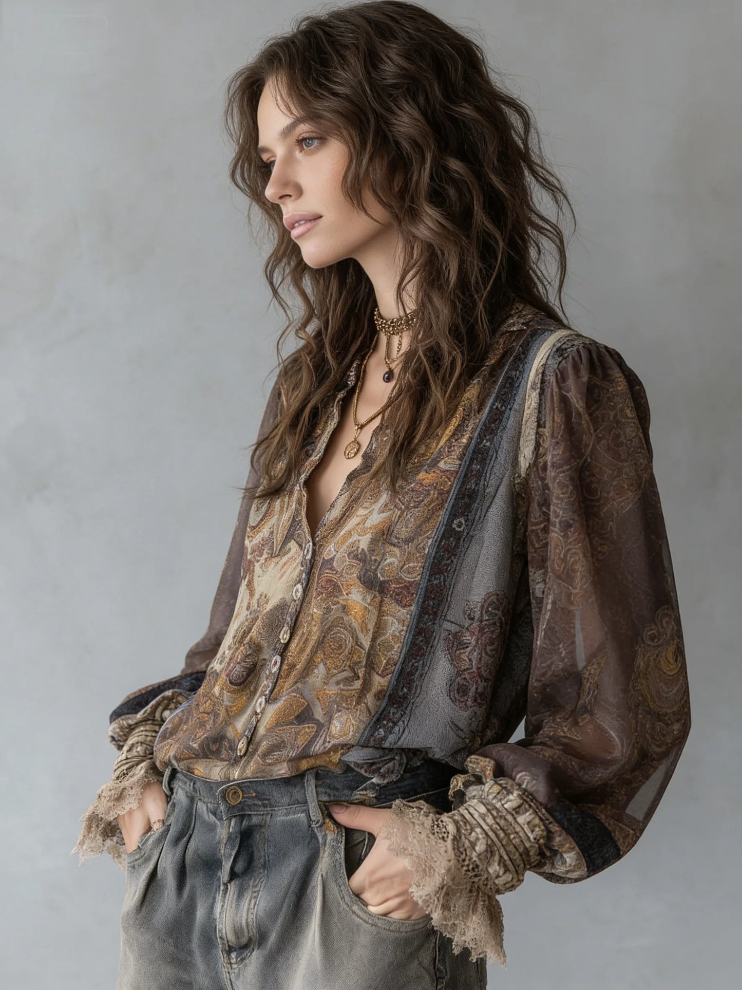 Loose Long Sleeve V Neck Blouses Shirts Women Tops Vintage Chiffon Floral Printed Splice Lace Boho Beach Blouse Ladies Spring