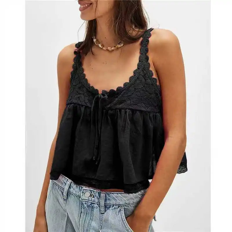 Bohemia Sleeveless Strap Blouse Lace Tank Top Women Casual Cotton Lace-up Deep V Neck Boho Beach Summer Blouses Shirts Tops