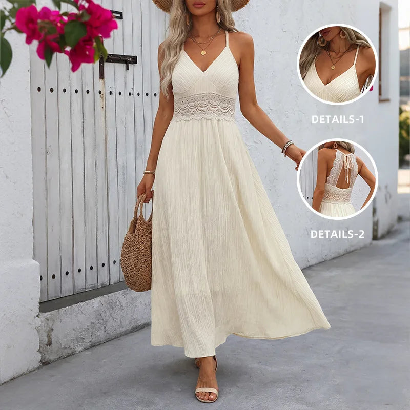 Sexy Deep V Neck Sleeveless Lace Backless Long Dress Women Summer Holiday Boho Beach Cotton Rayon Strappy Women's Dresses Robe