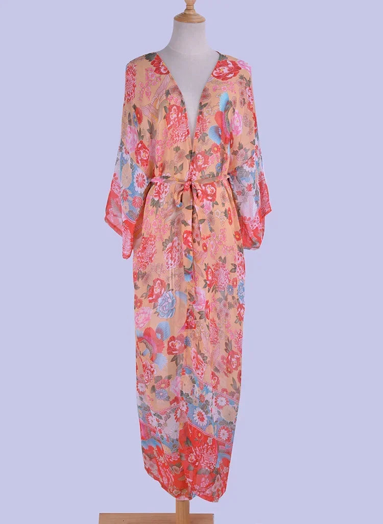 AYUALIN Red Chiffon Floral Print Long Women Dress Boho Beach Cover Up Robe Cover Ups Mujer Bikini Beachwear Tunic Kaftan Dresses