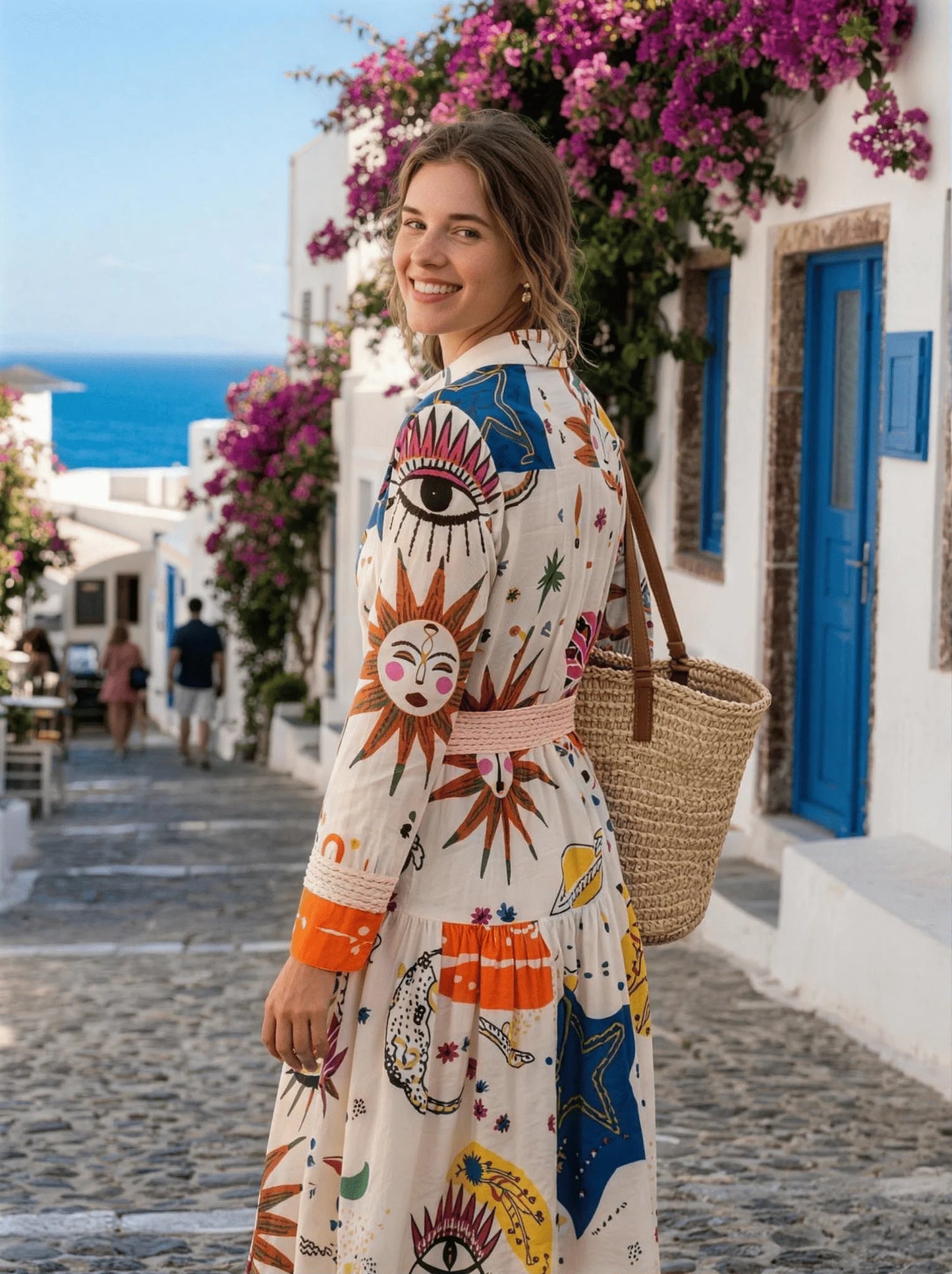 Long Shirt Dresses with Sashes for Women Front Butttons Up Cotton Rayon Pop Printed Boho Beach Holiday Dress Long Sleeve Tunic