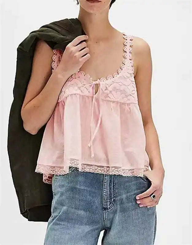 Bohemia Sleeveless Strap Blouse Lace Tank Top Women Casual Cotton Lace-up Deep V Neck Boho Beach Summer Blouses Shirts Tops