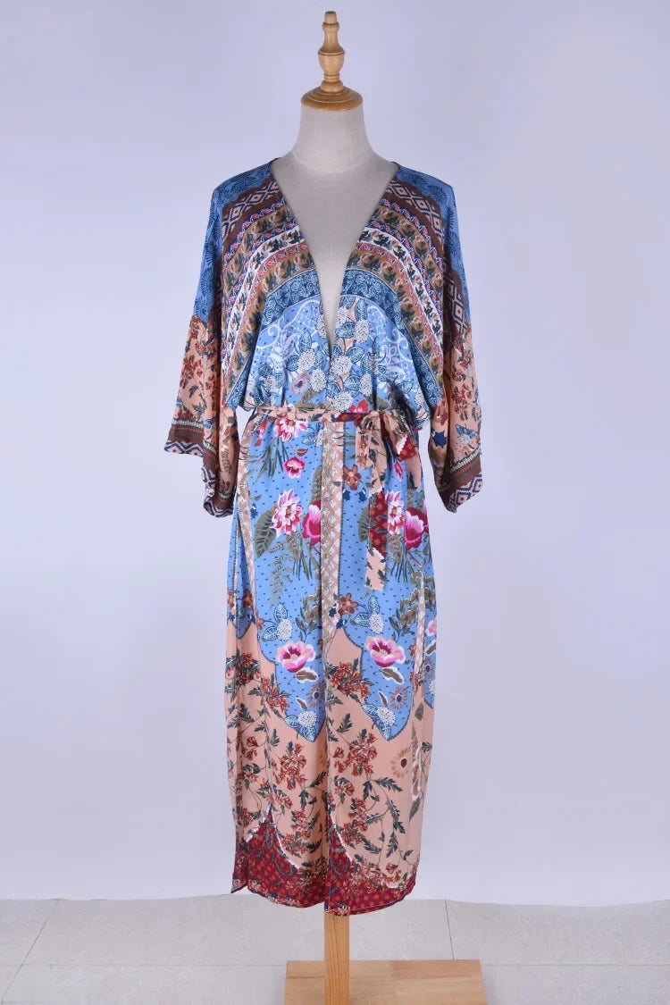 Rayon Cotton Floral Printed Kimono Sleeve Summer Dresses Swim Cover Up Dress Boho Beach Wear Robe Cardigan Coverup Vestidos
