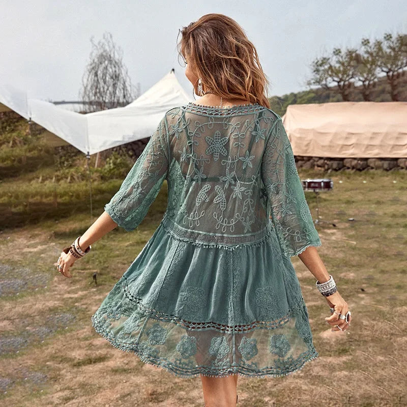 AYUALIN Floral Embroidery Loose Sexy Bikini Tunic Vintage Deep V-neck Boho Lace Cover-Ups Women Summer Mini Robe  Beach Wear