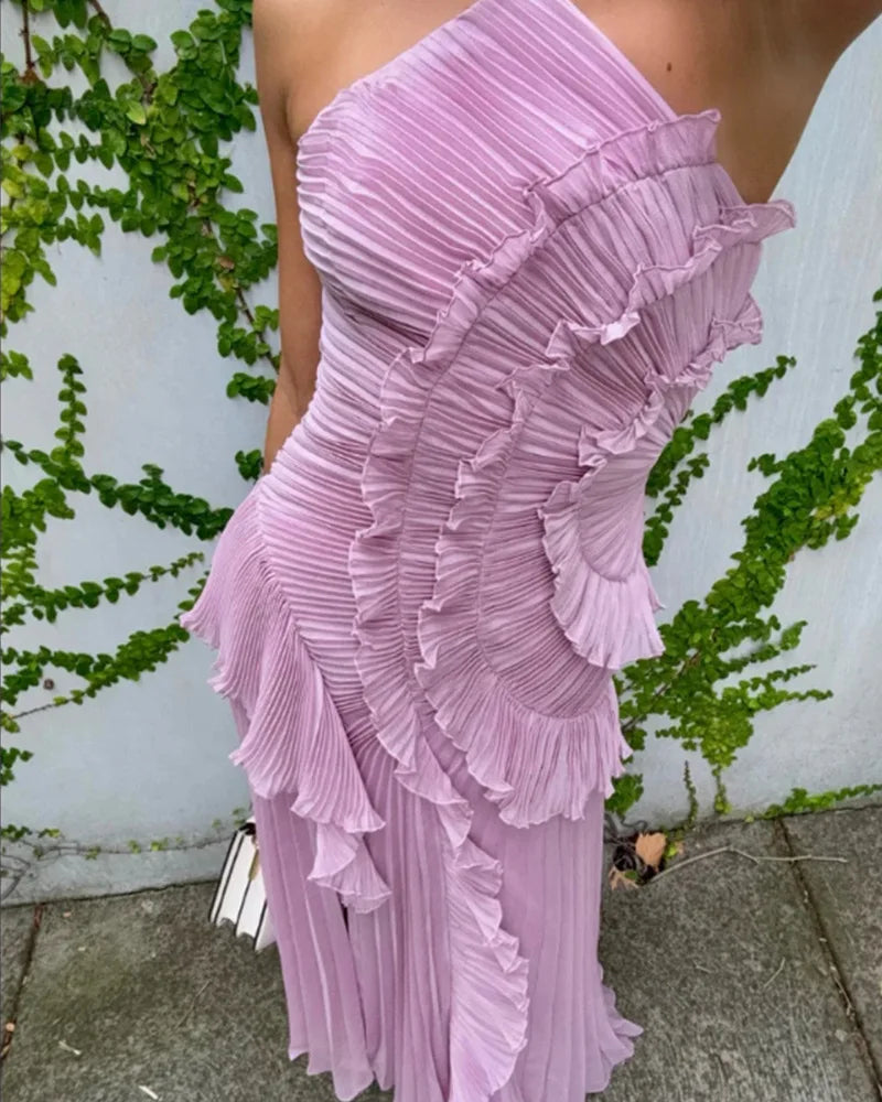 Elegant Chiffon Pleated Party Maxi Dresses Women Summer Neck-mounted Irregular Hem Sleeveless Dress Long Slim Ladies Vestidos