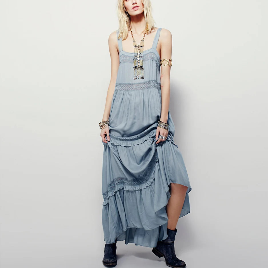 Bohemia White Cotton Lace Strap Long Dresses Women Vintage Casual Sleeveless Strap Dress Summer Holiday Boho Beach Party Robe