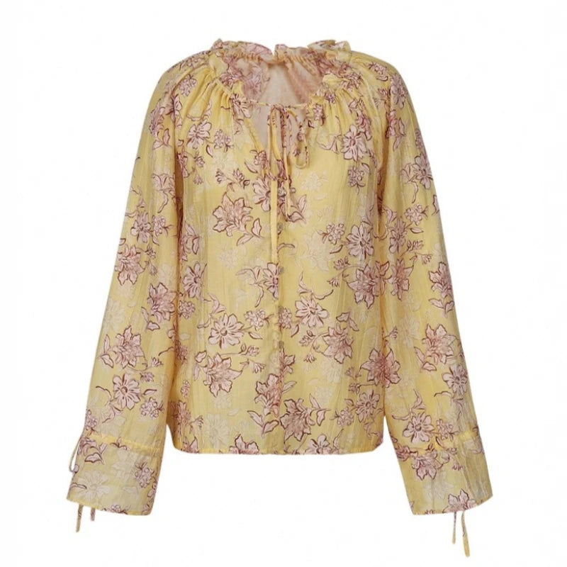 Chic Yellow Floral Printed Blouses Shirts for Women Tops Casual Lace-up Flare Long Sleeves Blouse Summer Boho Beach Loose Blusas