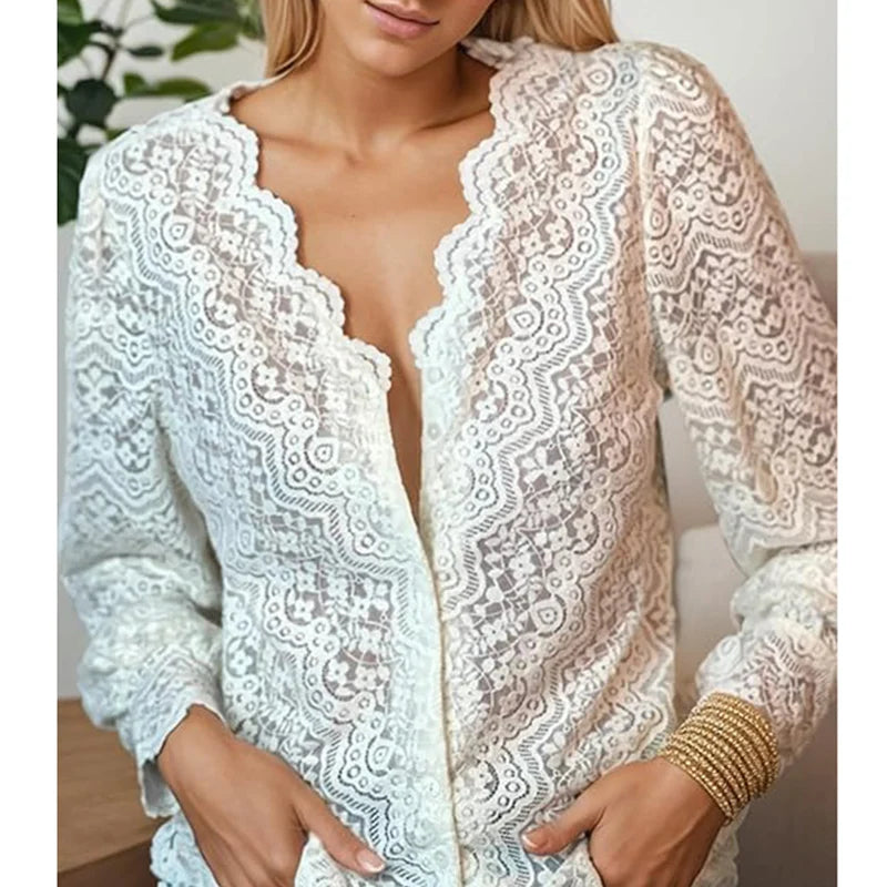 Elegant White Floral Lace Blouses Shirts For Women Boho Long Sleeve Sexy V Neck Vintage Ladies Tops Casual Blouse Shirt Blusas