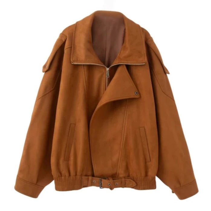 Brown Retro Maillard Jackets for Women Coats Cool Lapel Suede Motorcycle Jacket Autumn Winter Warm Loose Short Coat Outwear