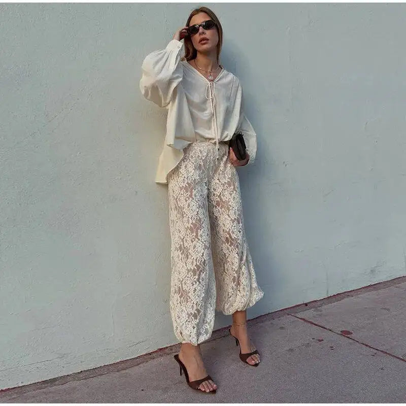 Lace Bloomers Pants for Women Casual Loose Elastic Waist Trousers Spring Summer Long Pants Boho Beach Creamy-white Baggy Pants