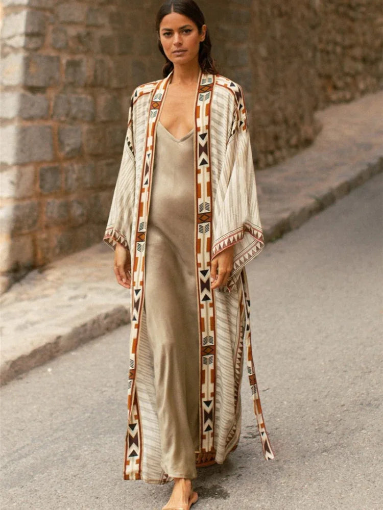 AYUALIN Boho Beach Cover Up Cotton Beige Ethnic Print Kimono Cardigan Dress Women Long Sleeve Tunic Blouse Vintage Vestidos Robe