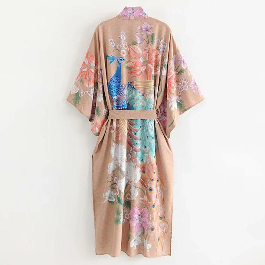 AYUALIN Kimono Sleeve Robe Kaftan Khaki Floral Print Boho Cardigan Sexy Side Slits Gypsy Beach Summer Long Women Blouses Blusas