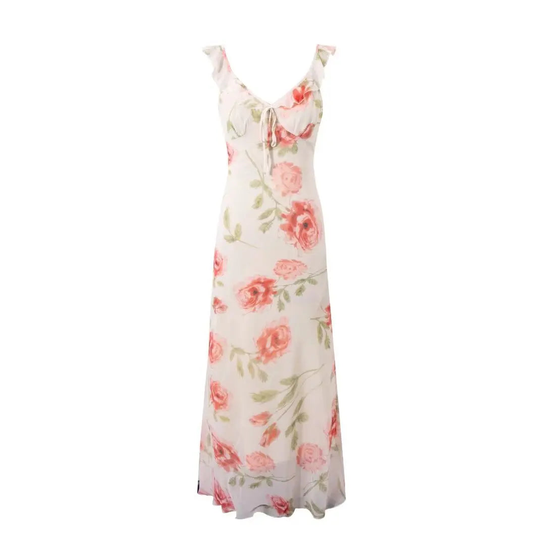 Chiffon Floral Print Long Dresses Women Elegant Slim Sweet Summer Dress Sexy Ruffles V-neck Strappy Vestidos Ladies Party Robe