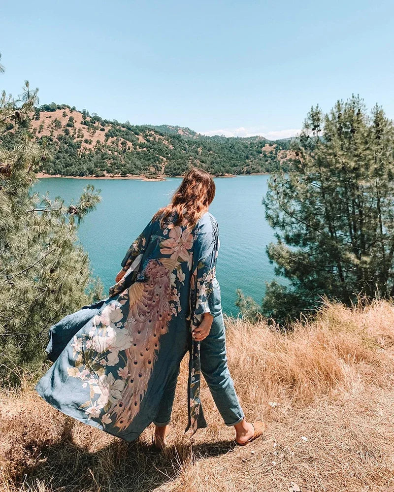 AYUALIN Kaftan Robe Blue Phoenix Floral Print Kimono Cardigan Boho Sexy Side Slits Gypsy Blusa Summer Loose Long Women Blouses
