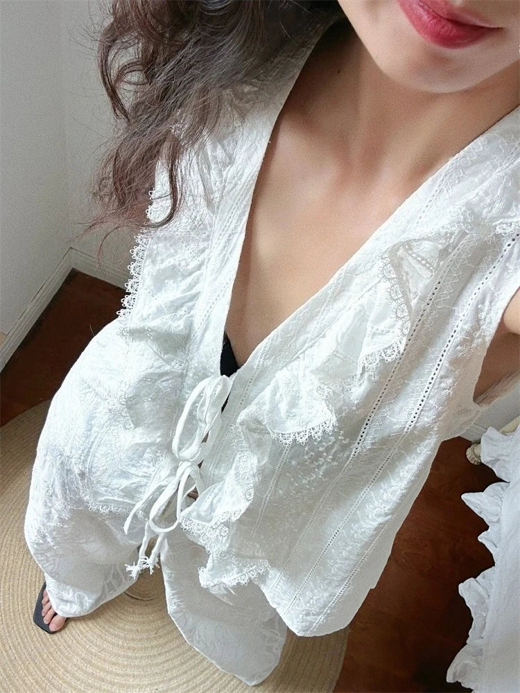 Cotton Floral Embroidered Blouse Shirt Casual Sleeveless V Neck Lace-up Boho Beach Summer Women's Blouses Layered Lace Shirt