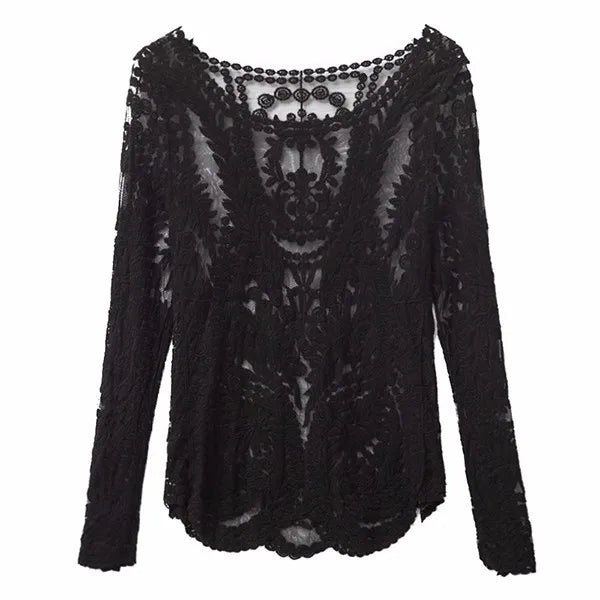 Boho Beach Lace Blouse Swim Cover-up Summer Sexy Floral Embroidery  Robe Long Sleeve For Women Blouses Shirts Lace Blouses Tops