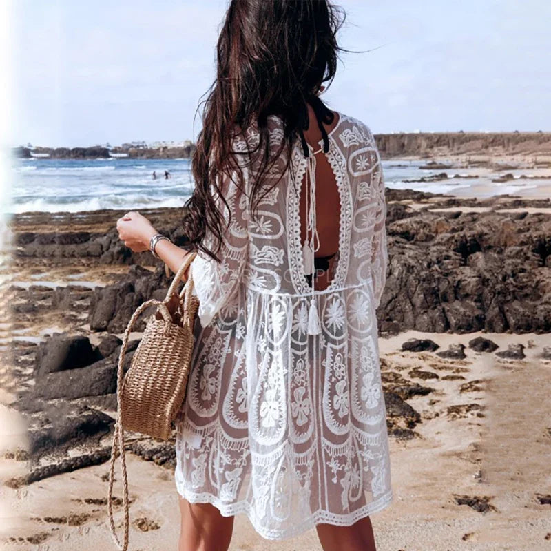 AYUALIN Sheer Lace Mini Dresses Women Vintage White Cotton Floral Embroidery Sexy Boho Beach Bikini Cover Up Summer Tunic Robe