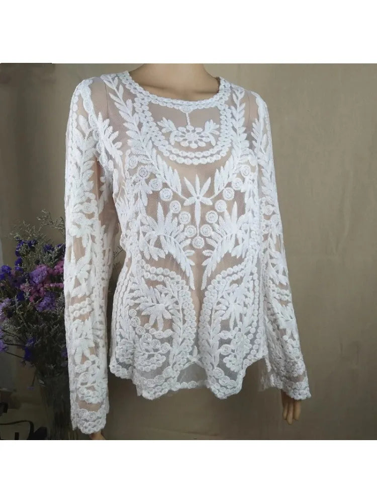 Boho Beach Lace Blouse Swim Cover-up Summer Sexy Floral Embroidery  Robe Long Sleeve For Women Blouses Shirts Lace Blouses Tops
