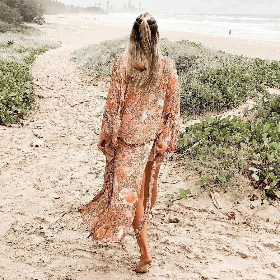 AYUALIN Kimono Cardigan Gypsy Robe for Women Floral Print Flare Sleeve Boho Blouse Shirt Beach Wear Long Summer Blouses Blusas