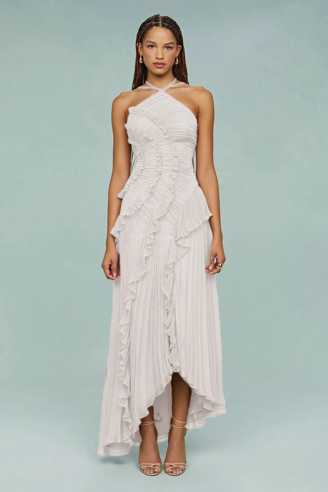 Elegant Chiffon Pleated Party Maxi Dresses Women Summer Neck-mounted Irregular Hem Sleeveless Dress Long Slim Ladies Vestidos