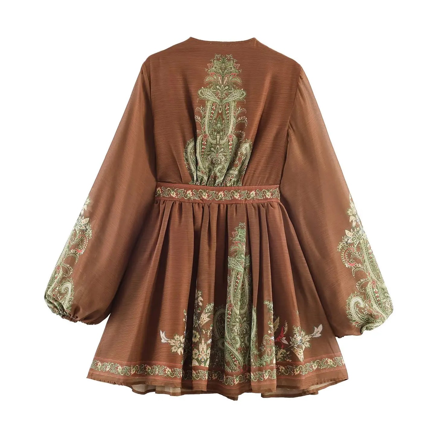 Ethnic Cotton Rayon Printed Long Sleeves Mini Dresses for Women Vintage Deep V Neck Spring Short Women's Dress Boho Beach Robe