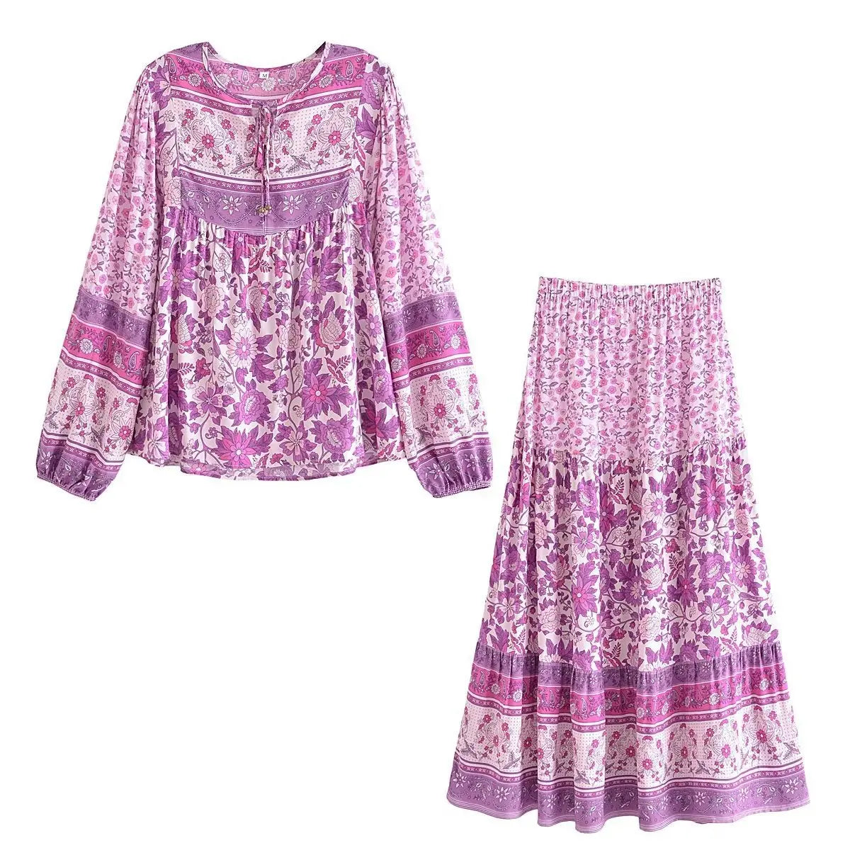 Boho Beach Rayon Floral Printed  Blouse Shirt for Women Tassel V Neck Long-sleeve Loose Gypsy Summer Blouses Shirts Ladies Tops