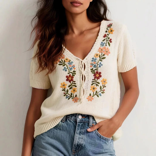 Bohemian Flower Embroidery Knitted Sweater Vintage Loose Sweaters for Women V Neck Spring Autumn Jumpers Boho Beach Pullovers