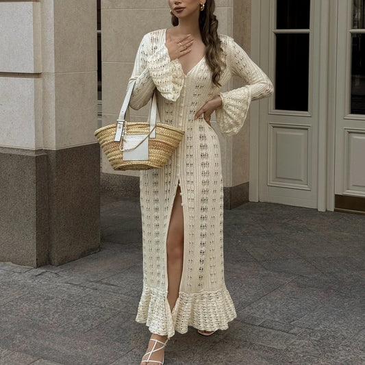 Cotton Knitted Hollow Out Dress Summer Flare Long Sleeve Cardigan Maxi Dresses Women Robe Vintage Slim Fit Boho Beach Vestidos