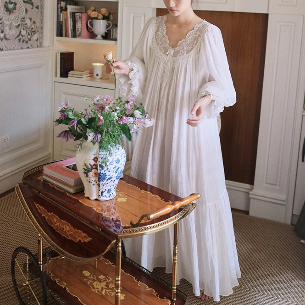 Elegant Cotton V Neck Lace Dresses Women Nightgowns White Casual A-line Loose Spring Summer Long Dress Bohemian Robe Vestidos