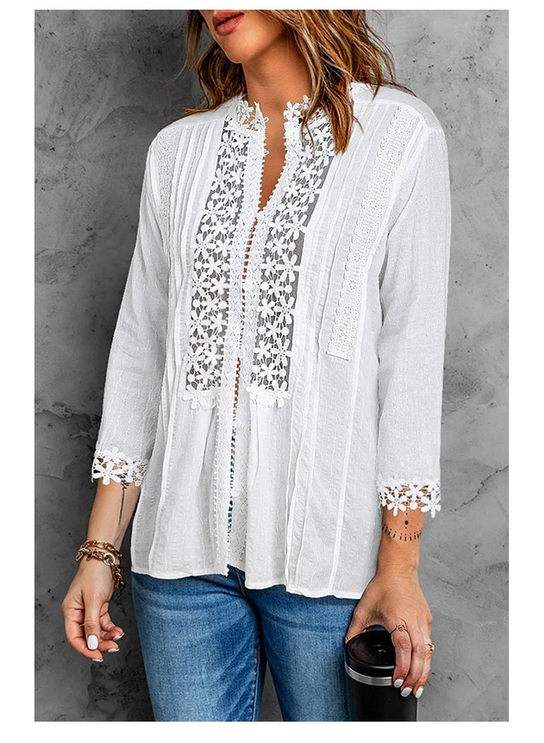 AYUALIN deep v neck lace blouse shirt women tops vintage splice lace Spring Summer blouses boho beach femme Shirts casual Blusas