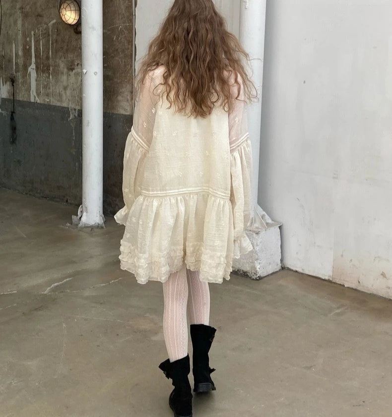 Romantic Bohemian Mini Dress Lightweight Semi-sheer Floral Embroidery Tassel Tie Tiered Hem Bishop Sleeves Dresses Women Robe