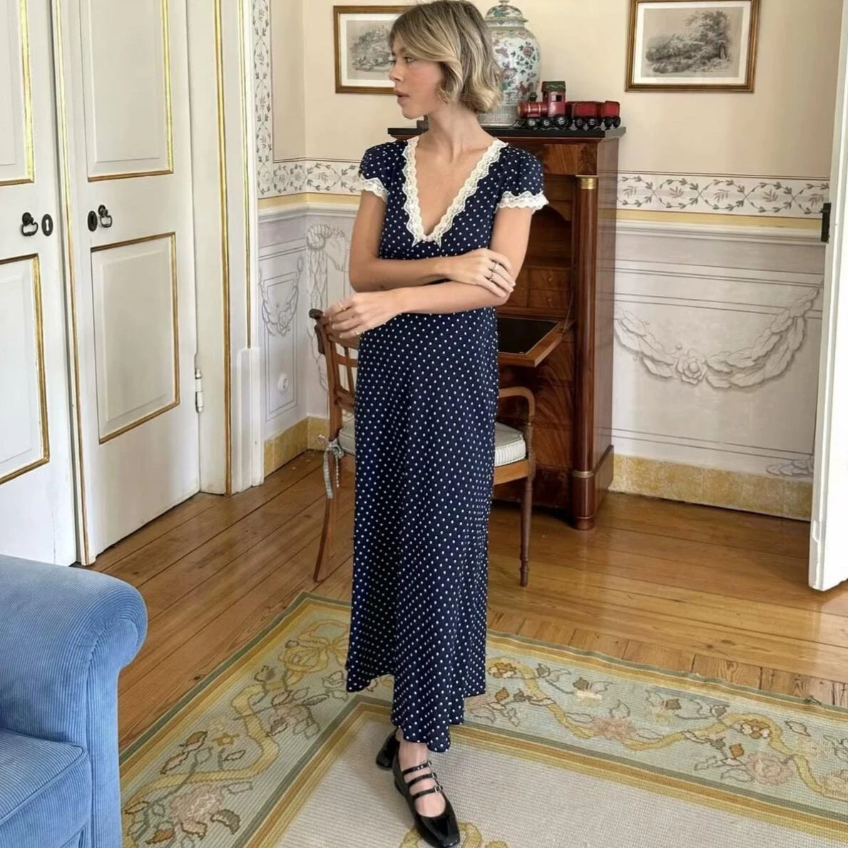 Sexy Deep V Neck Maxi Dresses Women Party Vintage Elegant Navy Cotton Rayon Polka dot Prined Splice Lace Dress Summer Vestidos
